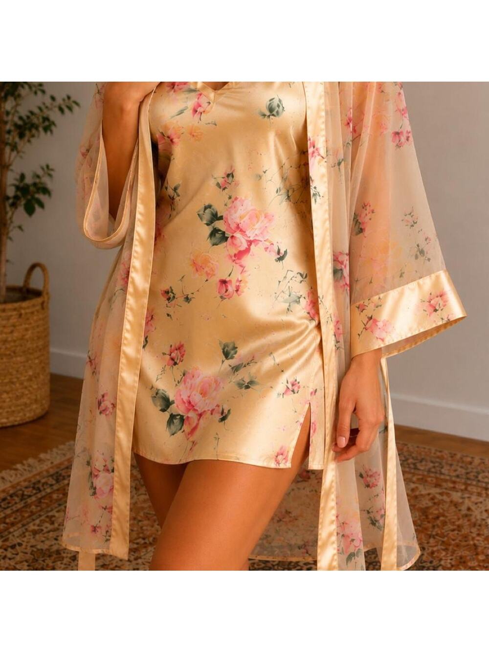 Boho fairycore cottagecore floral silky slip dress and robe set